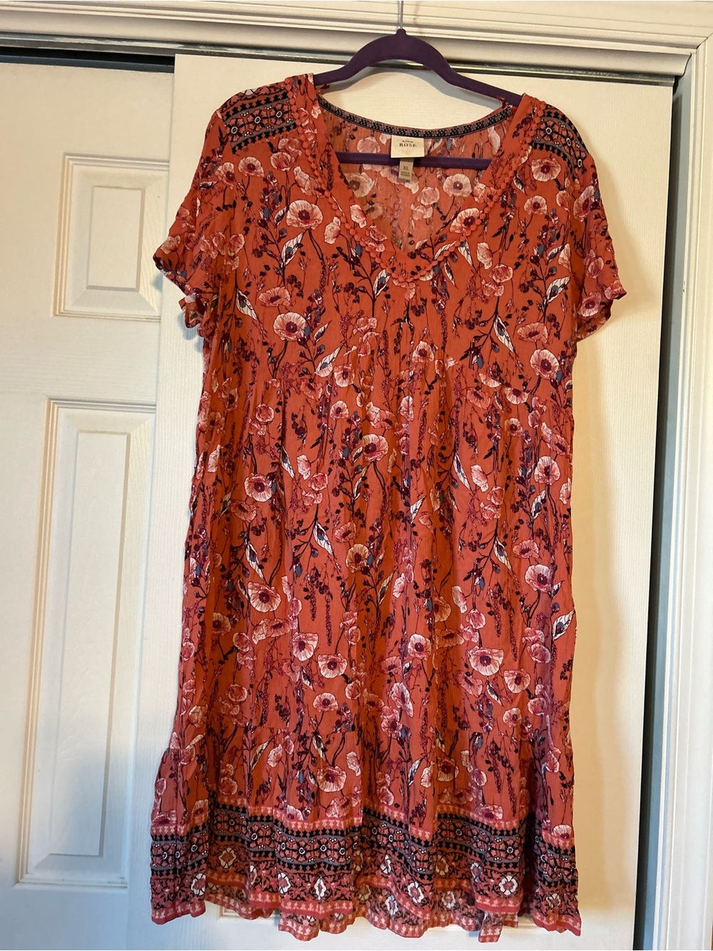 Knox Rose Boho Floral Short Sleeve Tunic Dress - Rust Pink